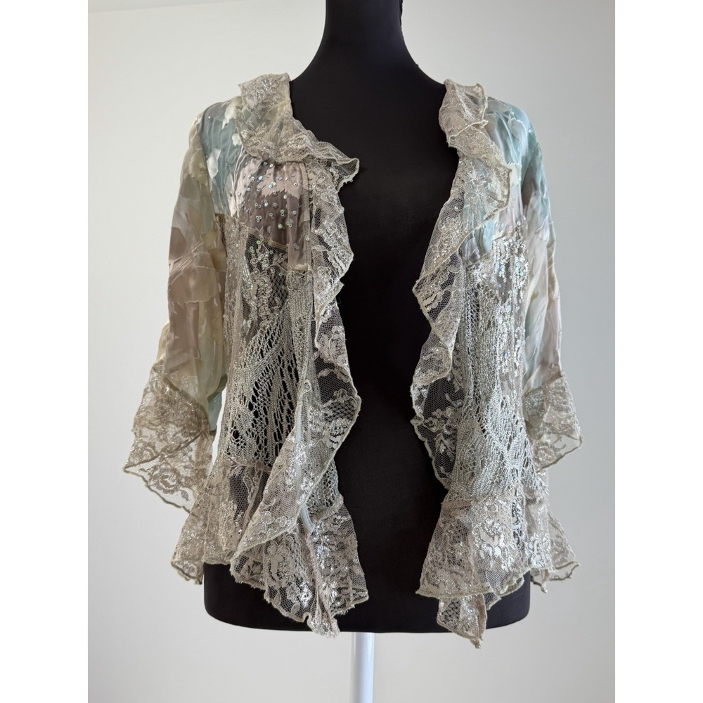 Vintage Spencer Alexis P/M Fairycore Silk Blend Patchwork Lace Sequin Open Top